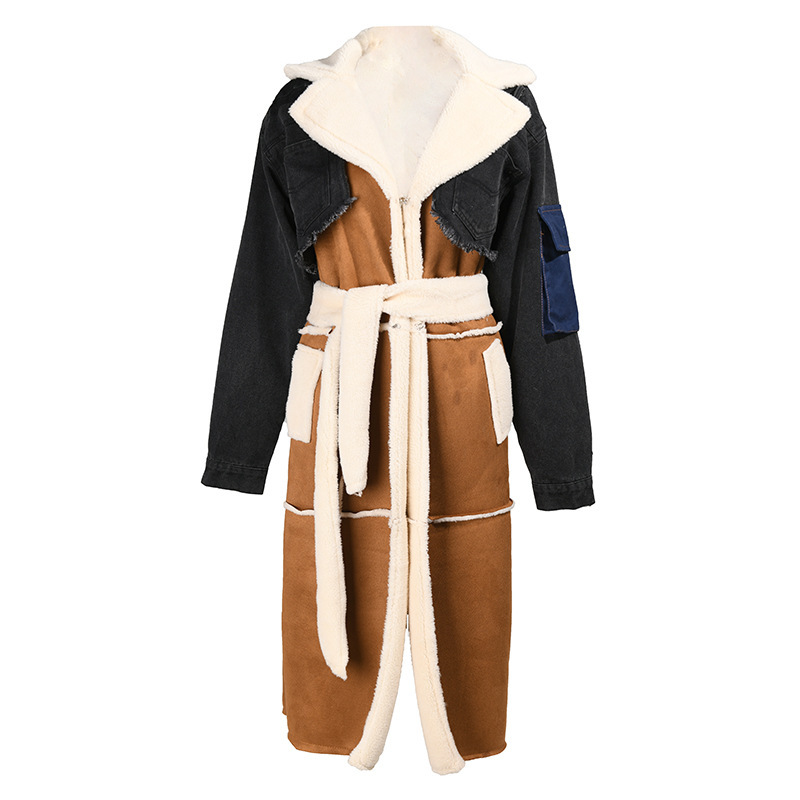 Women's Denim Patchwork Coat With Lamb Wool Lining For Winter_voghion.com