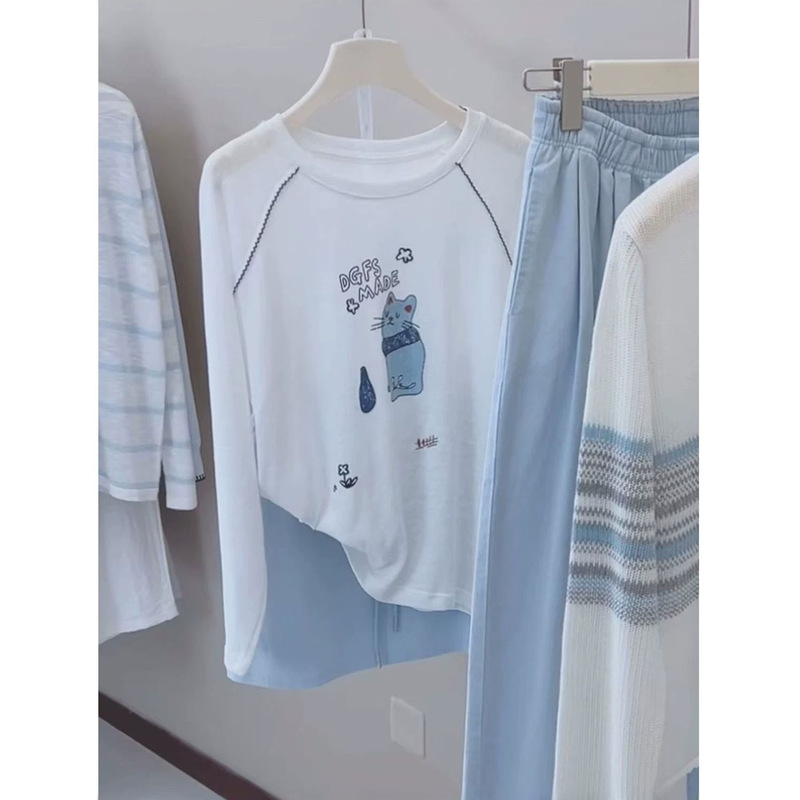 Bamboo Ribbed~Summer Long-Sleeved Cat Print White Thin Sun Protection Blouse Women's T-Shirt Round Neck Top