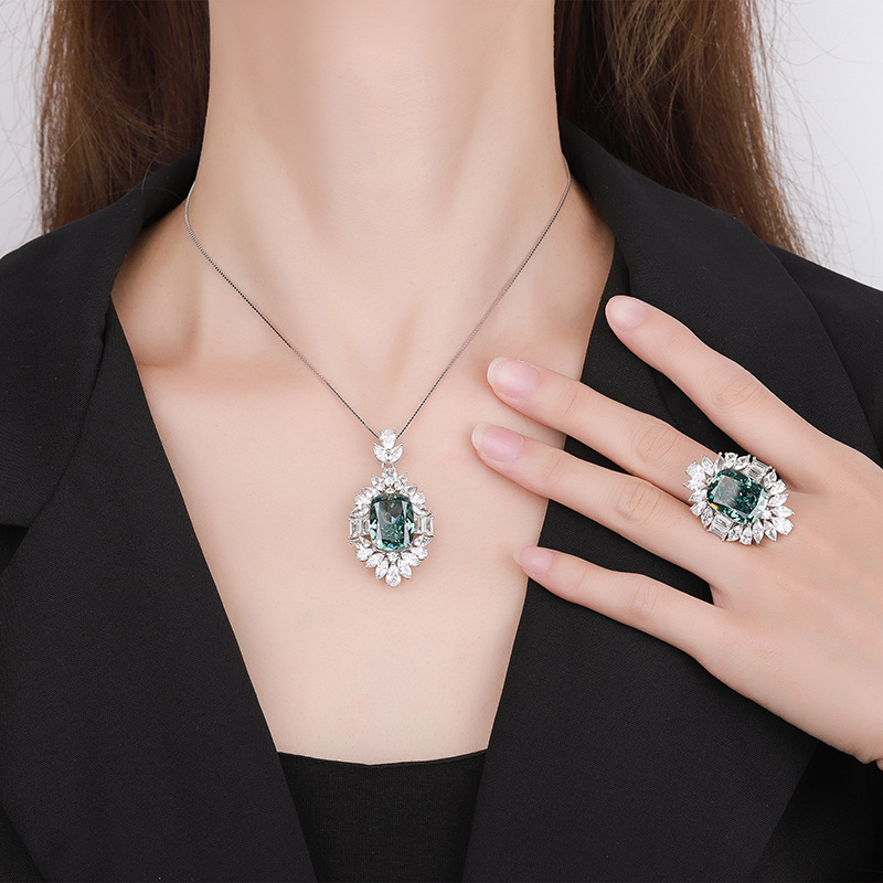 Zhuang Sheng joyería S925 todo el cuerpo de plata alto carbono diamante verde oscuro colgante anillo exquisito traje femenino grasa cuadrado 12*16
