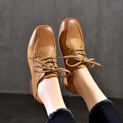 羊皮單鞋低跟真皮系帶低幫深口女鞋2024春夏新款高貨小皮鞋復古風