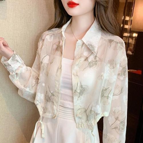 Linen Blouse with Floral Print, Summer Long-Sleeve, Delicate and Sweet, Women's Fashion, Open Top, Short Coat, Light Weight