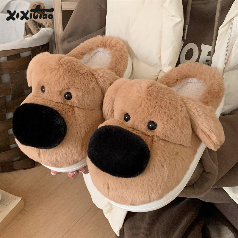 男女秋冬寝室家庭用保温かわいい毛羽立ち靴綿靴カップルの素直な鼻犬綿スリッパins|undefined