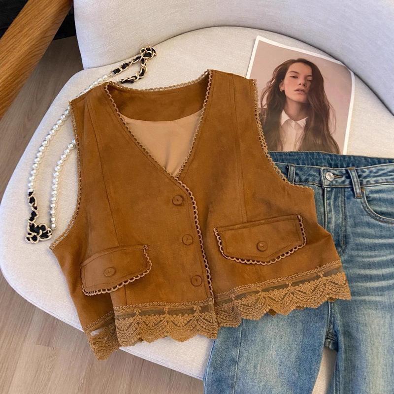 Lace Embroidery Splicing Suede Vest for Women Northwest Xinjiang Travel Wear Maillard Style Short Outer Cardigan