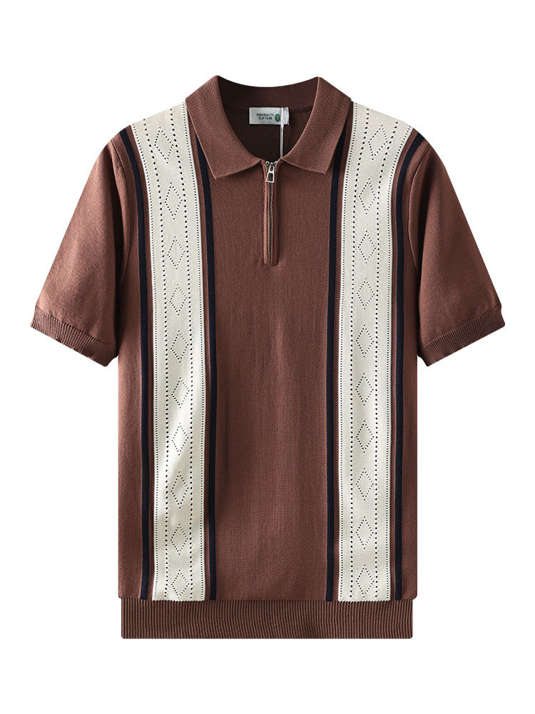Verano de alta calidad semi-cremallera jersey polo de hielo para hombre limpio ajuste ligero viento de contraste chaqueta rayada para hombre image 6
