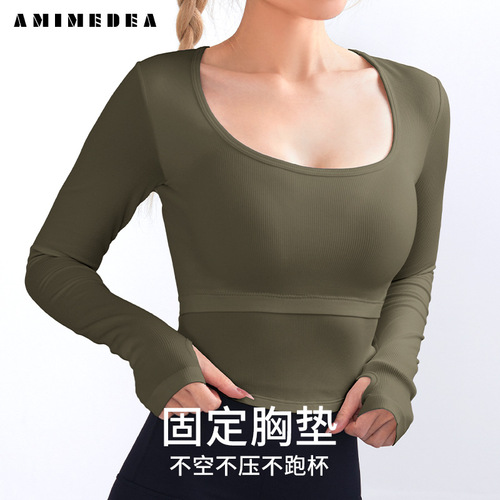  new autumn and winter short yoga clothes with chest pads and back-beautiful fitness long-sleeved U-neck running sports tops