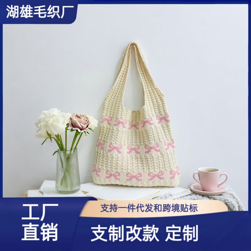 Cross-Border Amazon Temu Woven Bag Women's Bag Bowknot Shoulder Tote Bag Versatile Casual Versatile