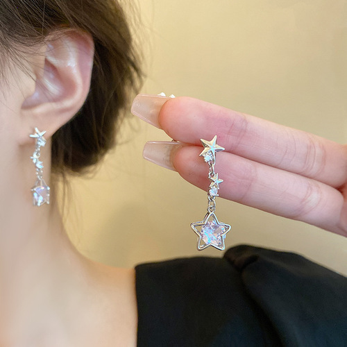 Exquisite zircon star tassel earrings for women, high-end temperament, light luxury earrings, fashionable design, silver needle earrings, earrings