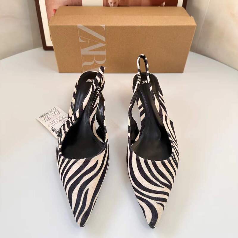 Za Autum New Women's Shoes Zebra Print Pointed Toe Cat Heel Mules with Back Strap Toe Shallow High Heel Sandals Za Autum New Women's Shoes Zebra Print Pointed Toe Cat Heel Mules with Back Strap Toe Shallow High Heel Sandals