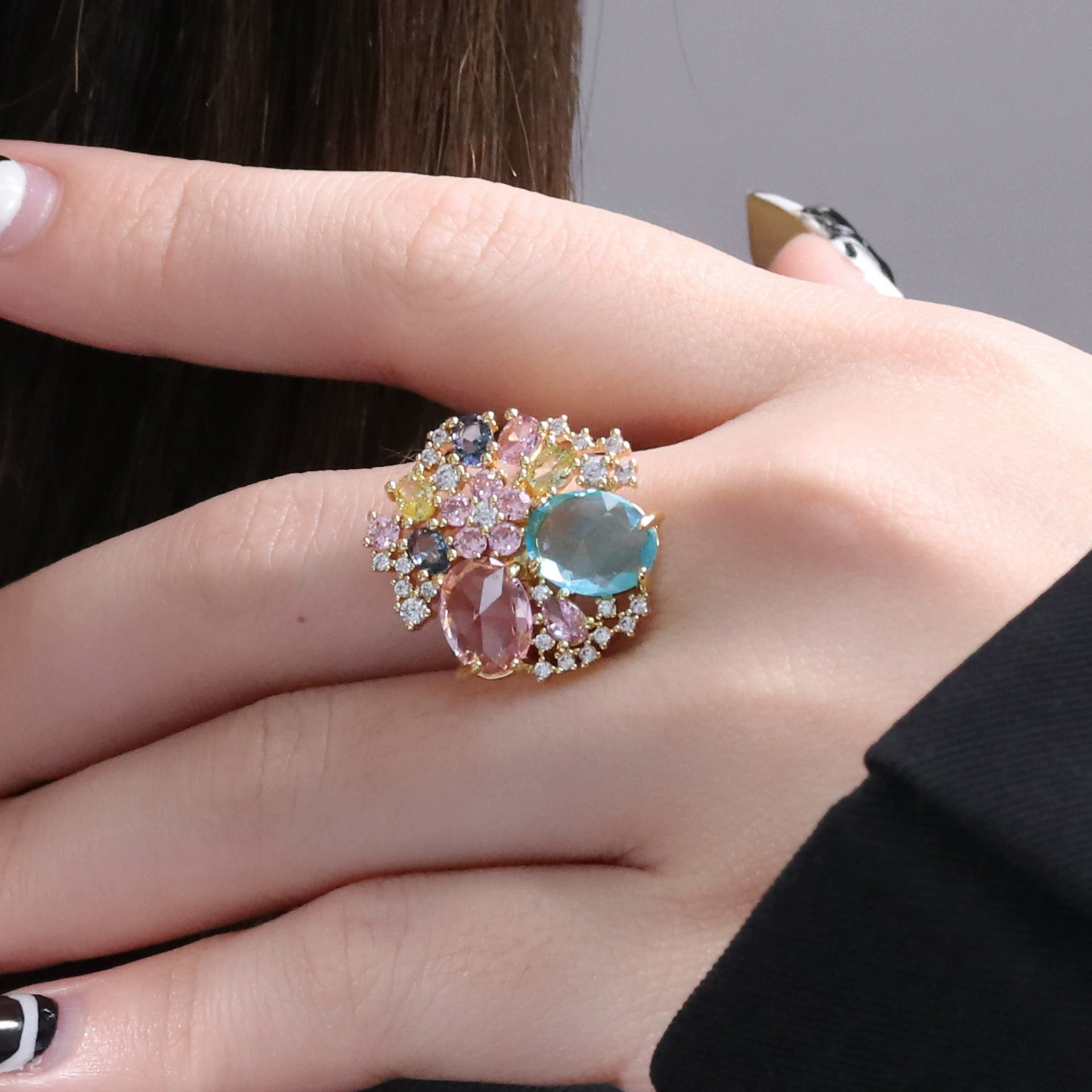 Blue earrings, ring, copper set with zircon, flowered