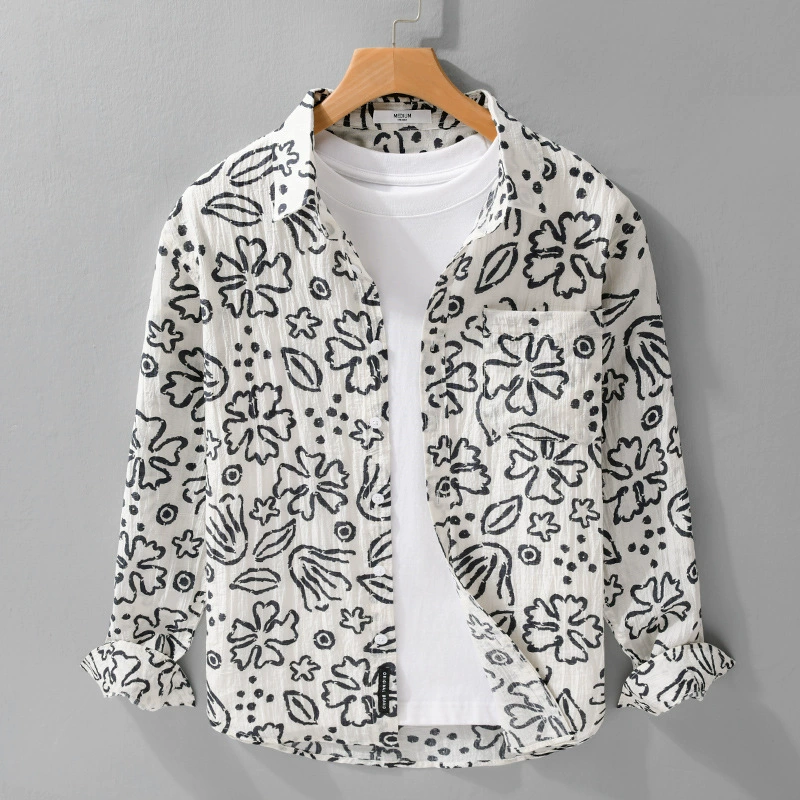 Весенне-осенние мужские льняные рубашки с длинными рукавами с принтом, модные повседневные свободные популярные молодежные универсальные мужские рубашки 9188