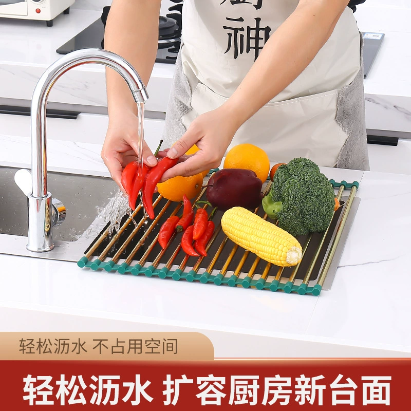 304 stainless steel drain rack, foldable rag, roller shutter storage rack, vegetable and fruit water control tray in the sink