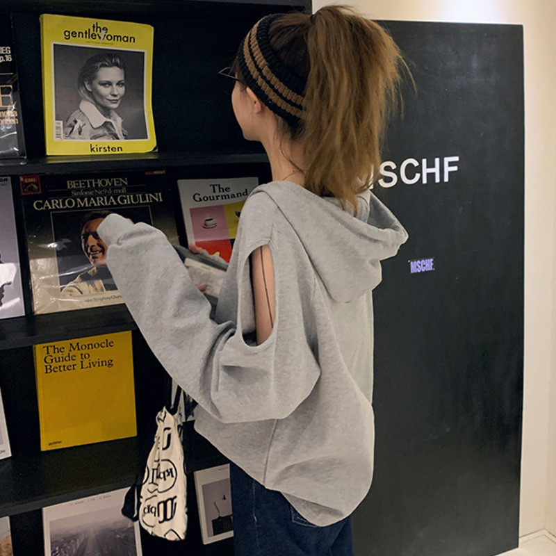 小众露肩卫衣女薄款2025秋季新款设计感宽松韩版潮学生带帽上衣服