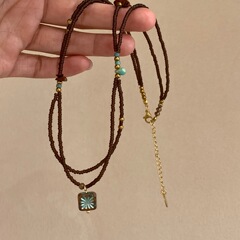 小众原创个性双层咖色串珠项链 几何方块吊坠复古美拉德色颈链女