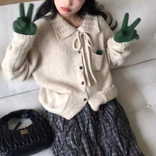 韩系翻领针织开衫秋冬新款加厚女装宽松设计感系带学院风毛衣外套