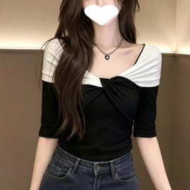 洛兰千金莱赛尔天丝拼色中袖T恤女2026新款打底衫上衣气质款上衣