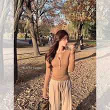 2025年新款咖色半开领坑条针织打底衫女长袖修身显瘦内搭针织上衣