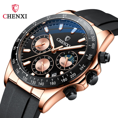Chenxi multifunctional silicone band watch men's three-eye six-hand moon phase chronograph cross-border foreign trade quartz watch
