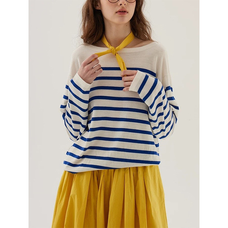 Sulenger Navy Blue Stripe Loose Boat Neck Tencel Wool Long Sleeve Sweater