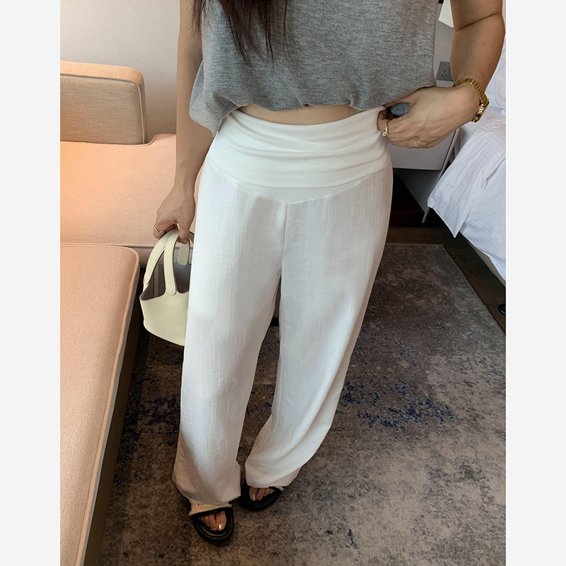 Summer Maternity White Tencel Cotton Wide-Leg Pants, Thin Vacation Style Belly Support Old Money Style Straight Casual Long Pants