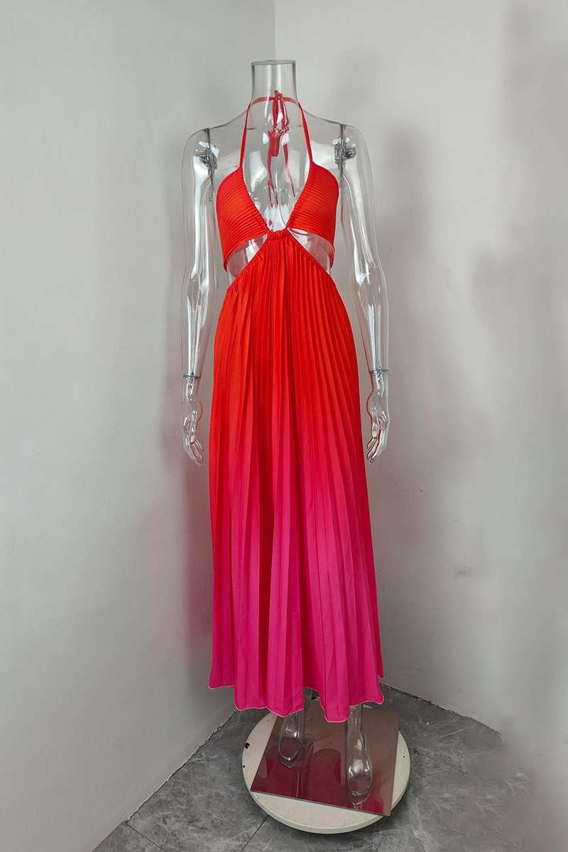 Women's Elegant Hollow Out Halter Neck Dress Spring 2026 Sexy Gradient Color Long Casual American Style Summer Clothing_ecoleips.com