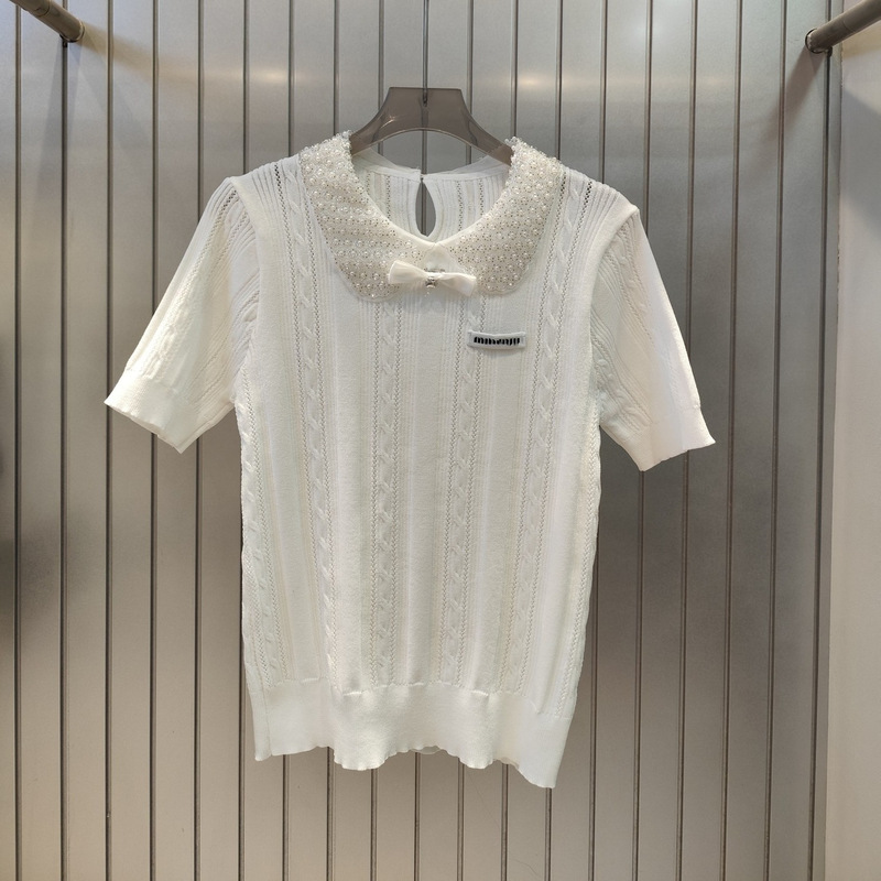 Directly from the Manufacturer, In-Stock 2026 Summer New Style Heavy Beaded Doll Collar Thin Knit Short-Sleeve Top for Women