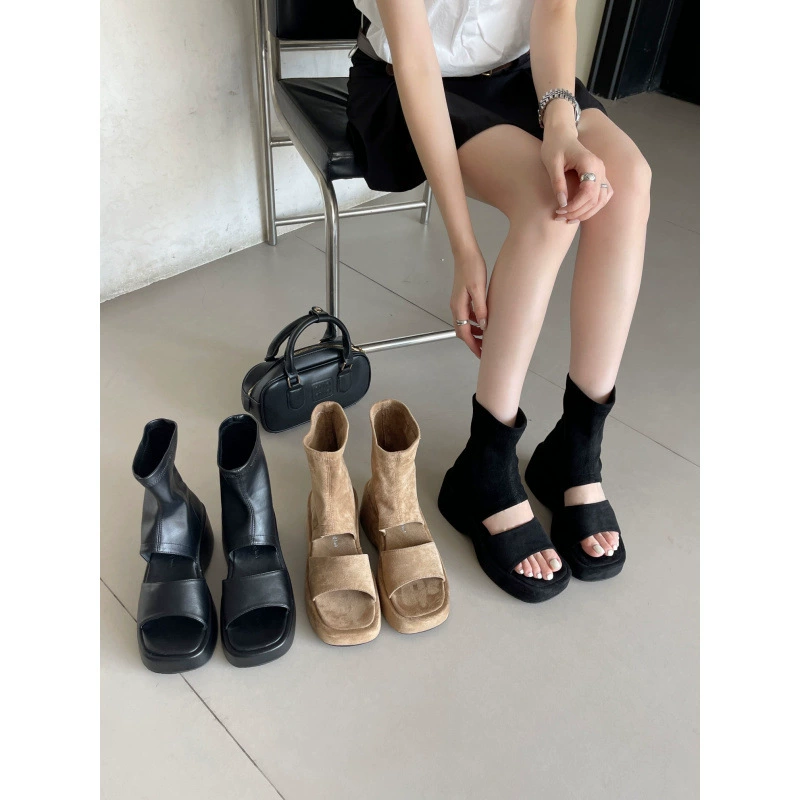 Корейские летние ботинки и сандалии на толстой подошве с открытым носком и клиновидной подошвой
