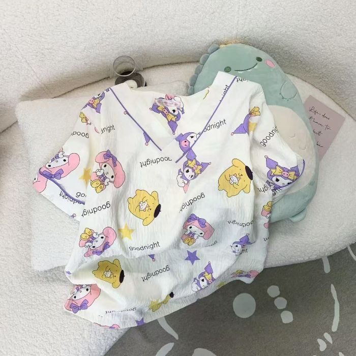 V ネック半袖ショーツパジャマ女性の夏のクラウドコットンかわいい KT 猫スーツカジュアル漫画ホーム服は屋外で着用できます|undefined