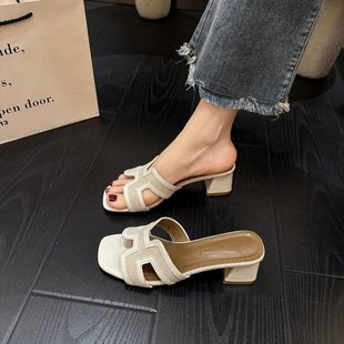 High Heel Slippers Women's Outdoor Sandals Summer New H-Shops One-Shops Heightened Elegant Coarse Heel All-Match Casual Daily