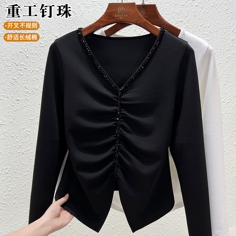 2026 Spring New Style V-Neck Top with Pleated Stylish European-Style Blouse Layered with a Long-Sleeve T-Shirt