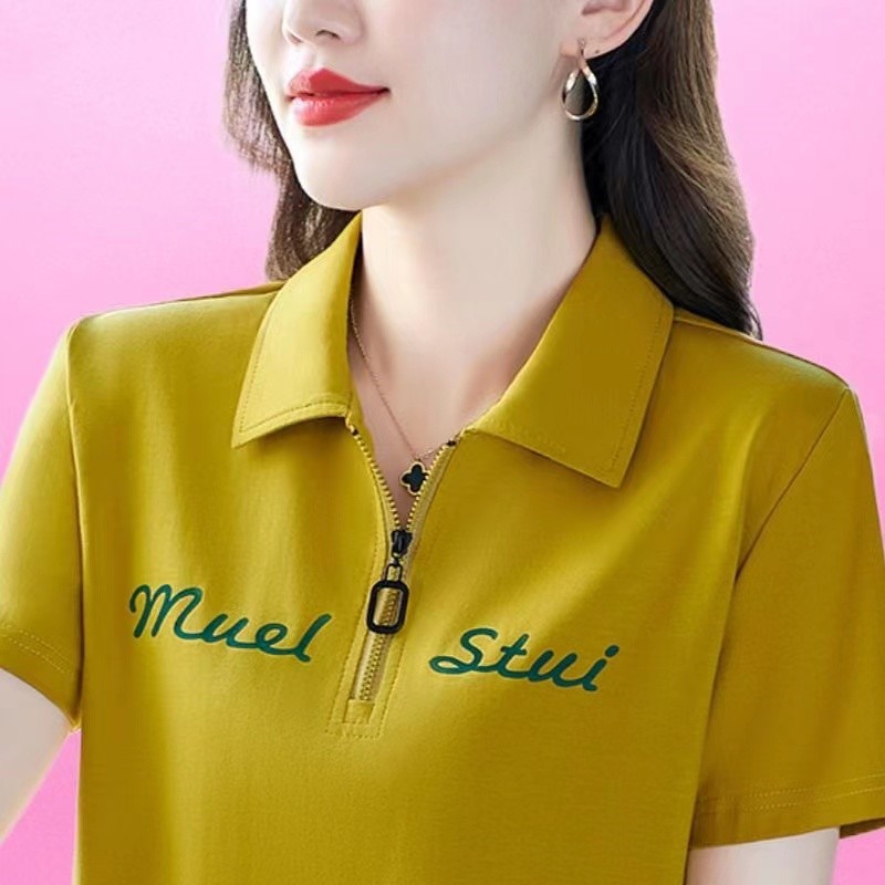 【096#M-4XL/4 Colors】Women's Short-Sleeve T-Shirt Summer Polo Shirt Middle-Aged Sporty Casual Zipper Top Plus Size