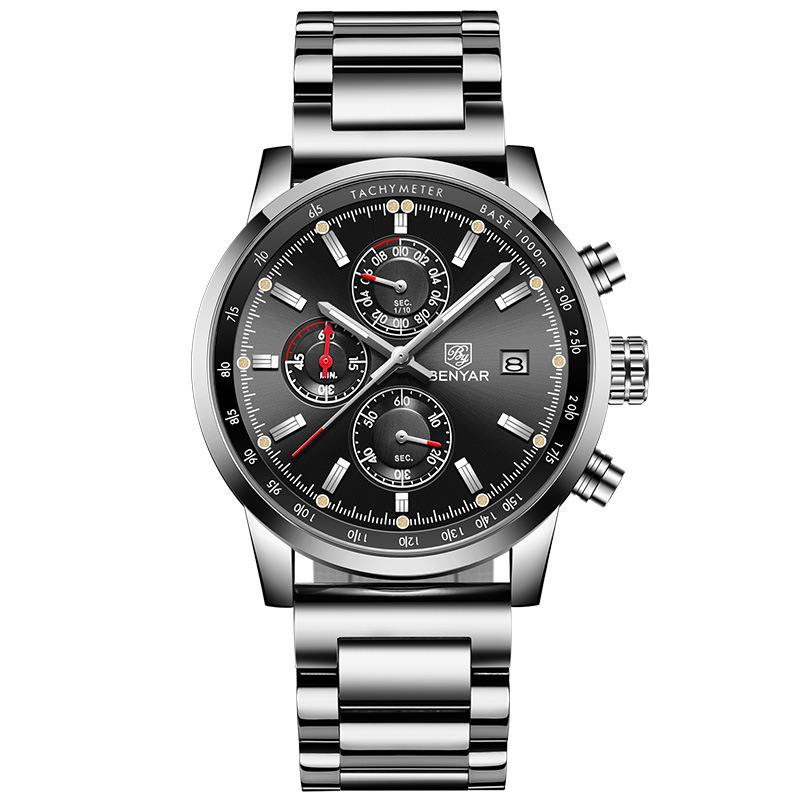 BENYAR Binya reloj de los hombres de moda multi-funcional calendario impermeable Cinturón Reloj de los hombres correa de acero reloj casual 5102
