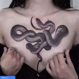 黑蛇巨蟒纹身贴防水男女持久花臂素花般若双头蛇腿手臂仿刺青贴纸