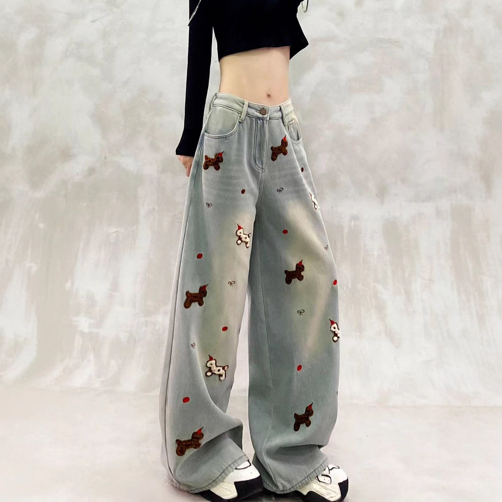 刺绣装饰加绒休闲牛仔裤女冬新款加厚高腰宽松显瘦百搭直筒阔腿裤