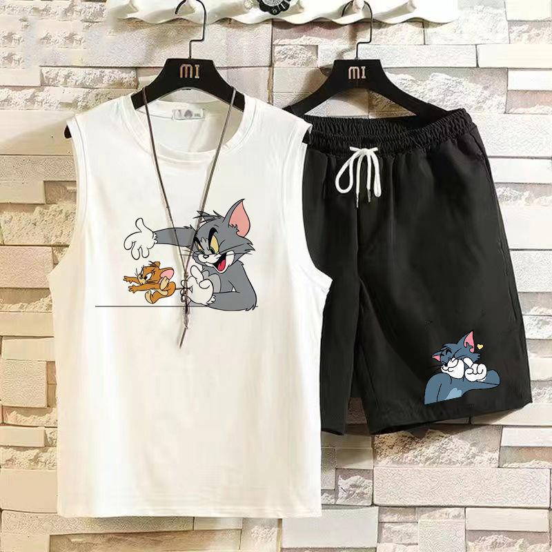Top/Suit Vest Suit Men's Waistcoat T-Shirt Summer Trendy Brand Tom and Jerry Student Five-Point Shorts Two Pieces 12
