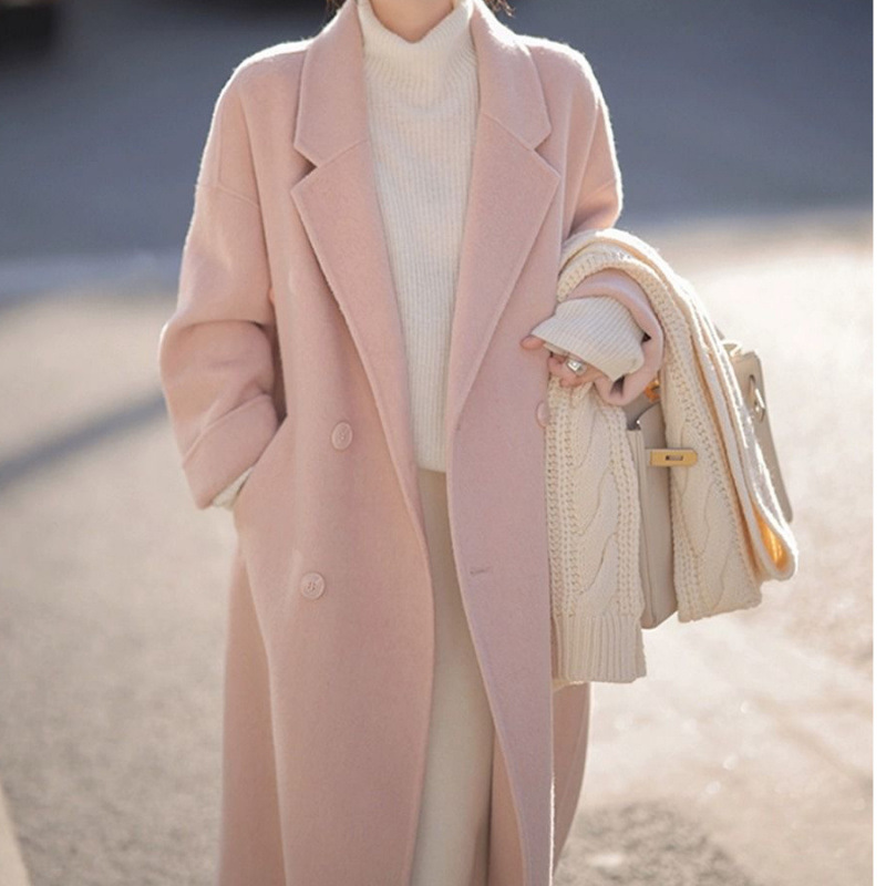 Pink Woolen Outwear Women's Mid-Length 2024 Autumn and Winter New Style Small Korean Style Over-The-Knee Woolen Outwear