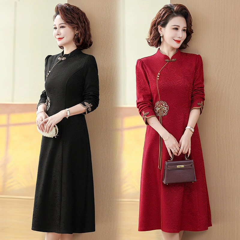 Осеннее платье Cheongsam для мам среднего возраста, новинка 2024 года, весенне-осеннее цельное платье для женщин среднего и пожилого возраста, Прямая доставка