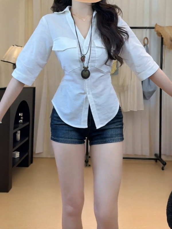美式辣妹风中袖衬衫女秋季2025夏季新款绑带收腰显瘦设计感上衣潮|undefined