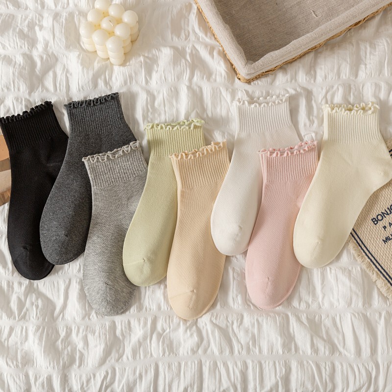 Women's Japanese-Style Spring and Summer Ruffled Edge Ankle Socks, Loose Cuff Student Socks, Solid Color Ruffled Edge Shallow Mouth Fresh Short Socks for Women Women's Japanese-Style Spring and Summer Ruffled Edge Ankle Socks, Loose Cuff Student Socks, Solid Color Ruffled Edge Shallow Mouth Fresh Short Socks for Women