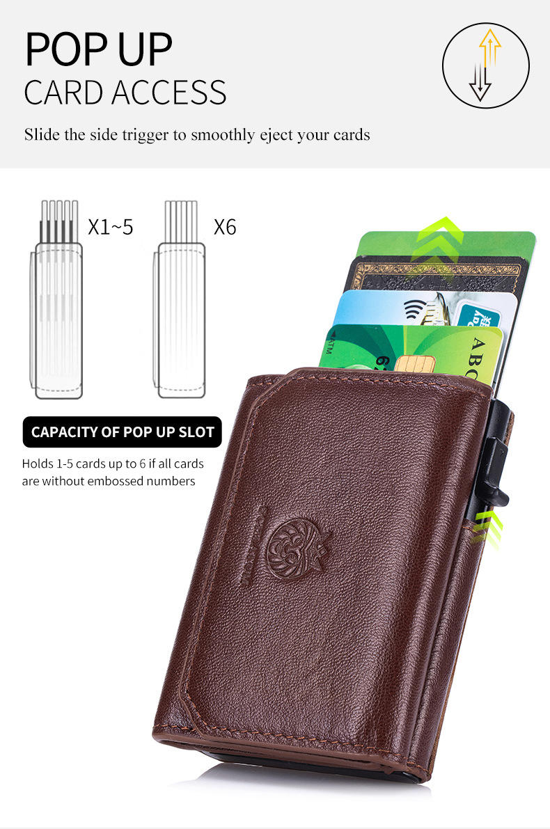 Ví nam gập mini da bò thật chống trộm RFID ba khúc — Đỏ nâu, Đen, Cà phê - Ngựa điên chi tiết 17