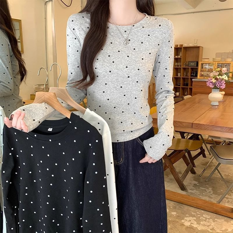 Design Sense Round Neck Polka Round Neck Back Hollow Long Sleeve T-shirt Women's Autumn Sweet Spice Girl Small Base Top Design Sense Round Neck Polka Round Neck Back Hollow Long Sleeve T-shirt Women's Autumn Sweet Spice Girl Small Base Top