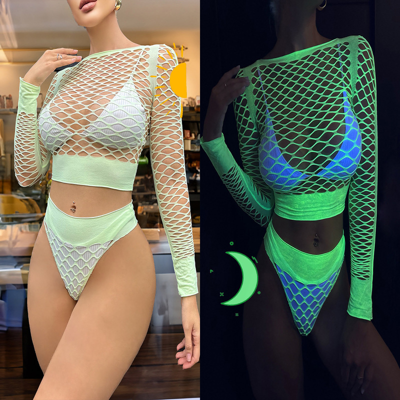 Luminous Fishnet See-Through Two-Piece Set: Long-Sleeve Crop Top + High-Waisted Panties Set, Nightclub Lingerie, Cross-Border Wholesale