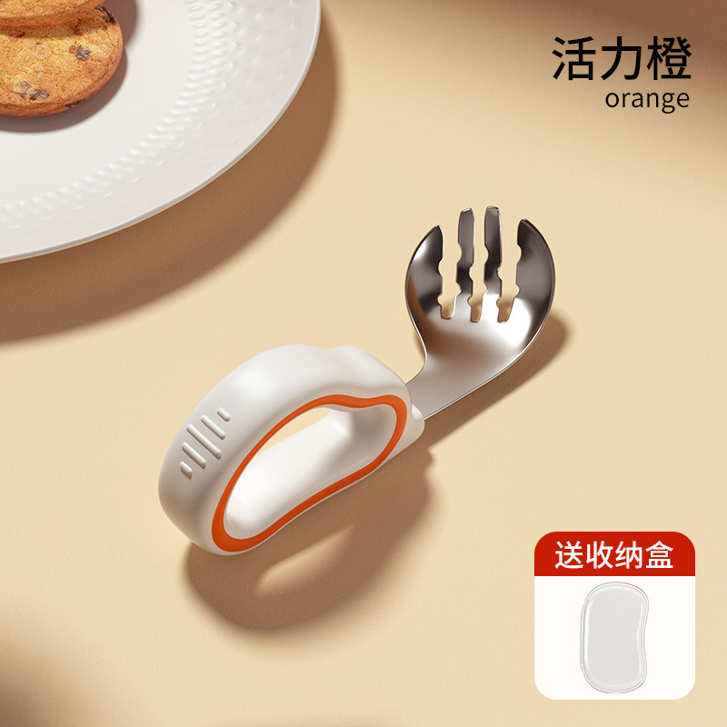 宝宝自主进食一岁辅食勺子学吃饭训练儿童硅胶不锈钢叉勺婴儿短柄|undefined