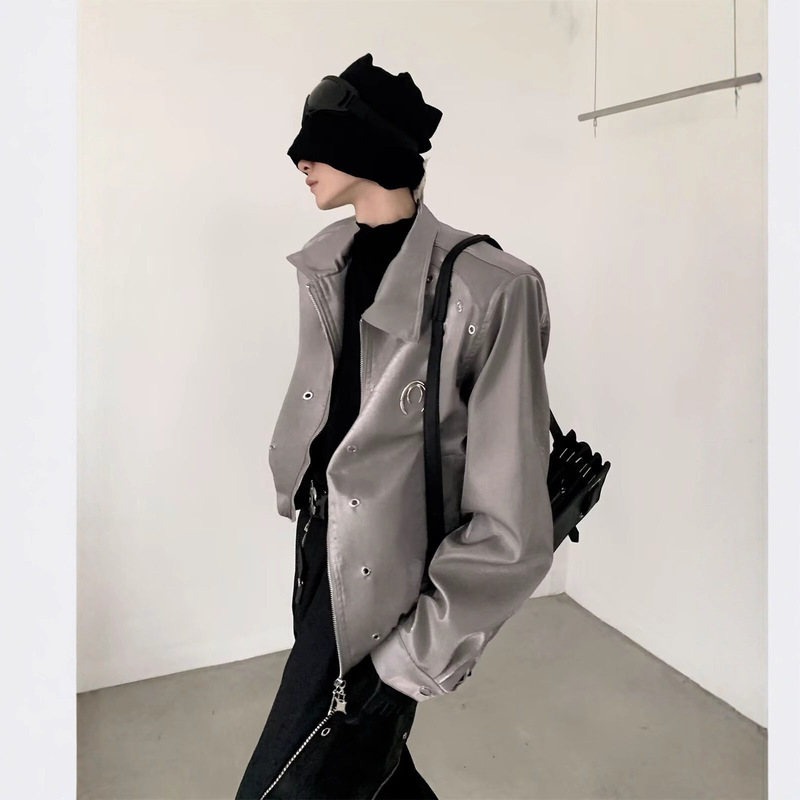Silver Shoulder Pad Jacket Men's Short Future Technology Metal Design Light Luxury Niche Street Clothes