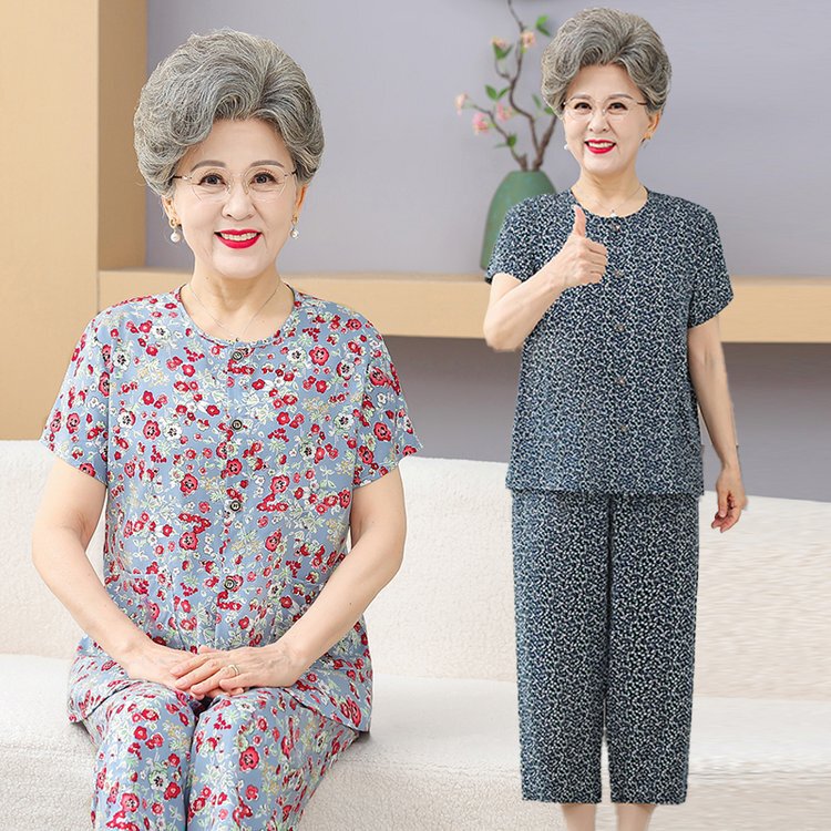 Middle-aged and Elderly Cardigan Cotton Silk Pajamas Women's Summer plus size Grandma's Short-sleeved suit Mom's Artificial Cotton Home Clothes for the Elderly Middle-aged and Elderly Cardigan Cotton Silk Pajamas Women's Summer plus size Grandma's Short-sleeved suit Mom's Artificial Cotton Home Clothes for the Elderly