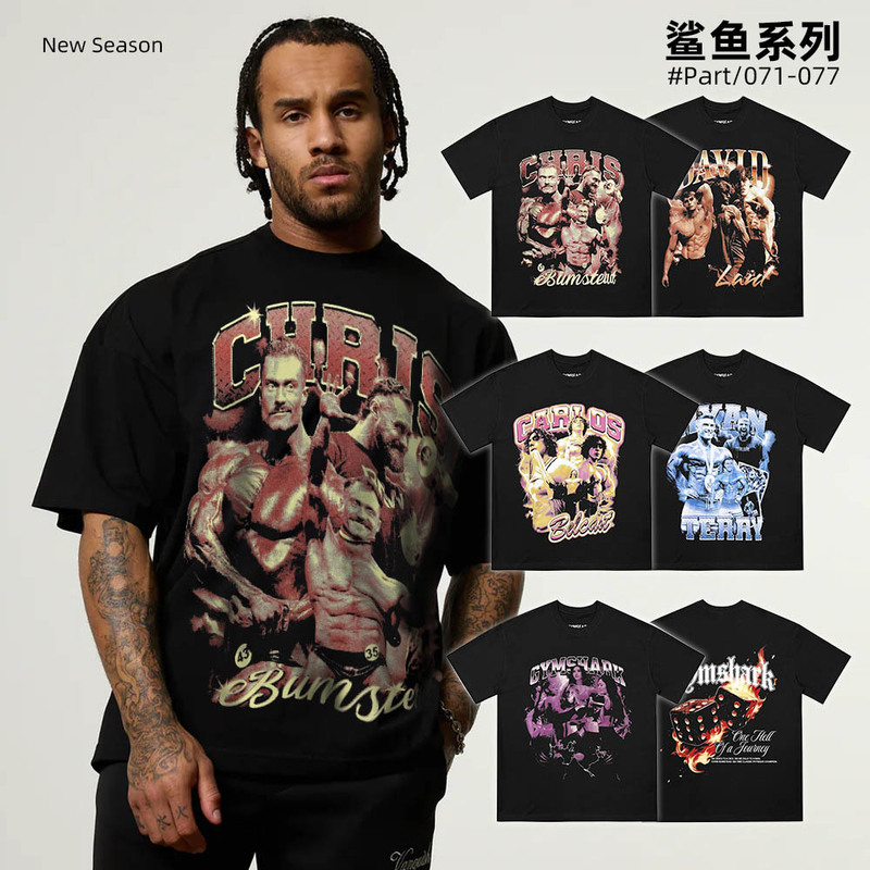 Shark Chris American Large Size Heavyweight Fitness Iron Print T-Shirt Gym Pure Cotton Small Round Neck Short Sleeves 71-77