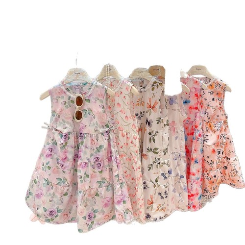 Summer 2025 New Arrival Korean Style Sleeveless Round Neck Personality Medium and Large Children Lace Edge Floral Print Dress for Girls