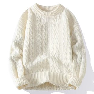 Japanese retro twist sweater men's 2024 Winter New loose simple solid color pullover round neck sweater coat