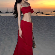 【圣莫妮卡】海滩短款无袖红花吊带上衣性感包臀半裙套装女2024夏