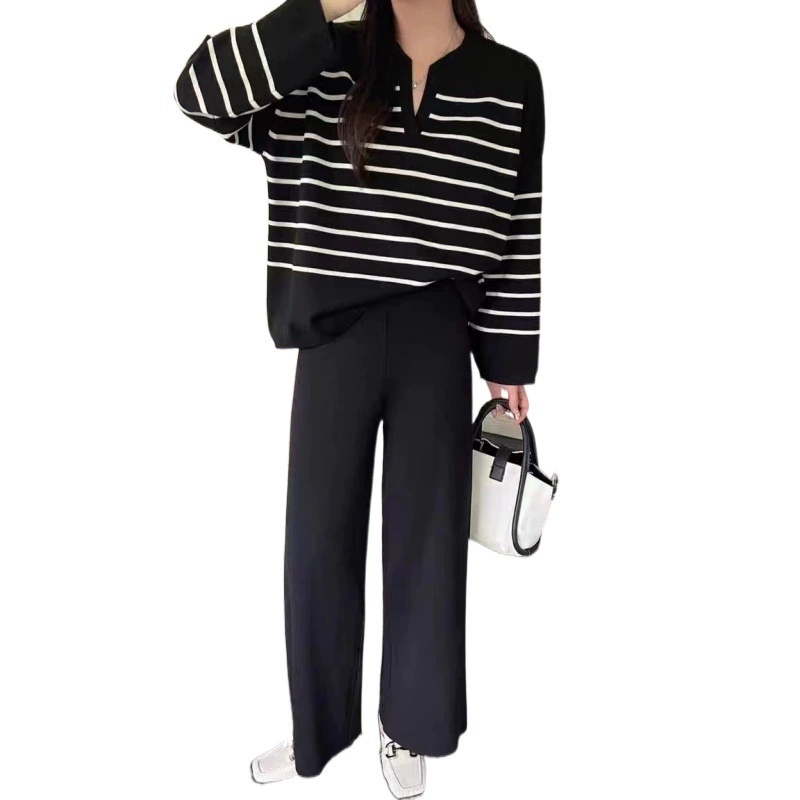 Knitted trousers set, Korean style, high‑waist wide‑leg, Camel/Apricot/Black, S–XL