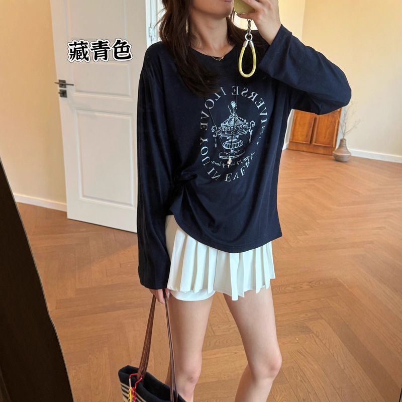 M0014秋季女士薄款法式慵懒风云朵莱赛尔印花宽松百搭打底衫T恤|undefined
